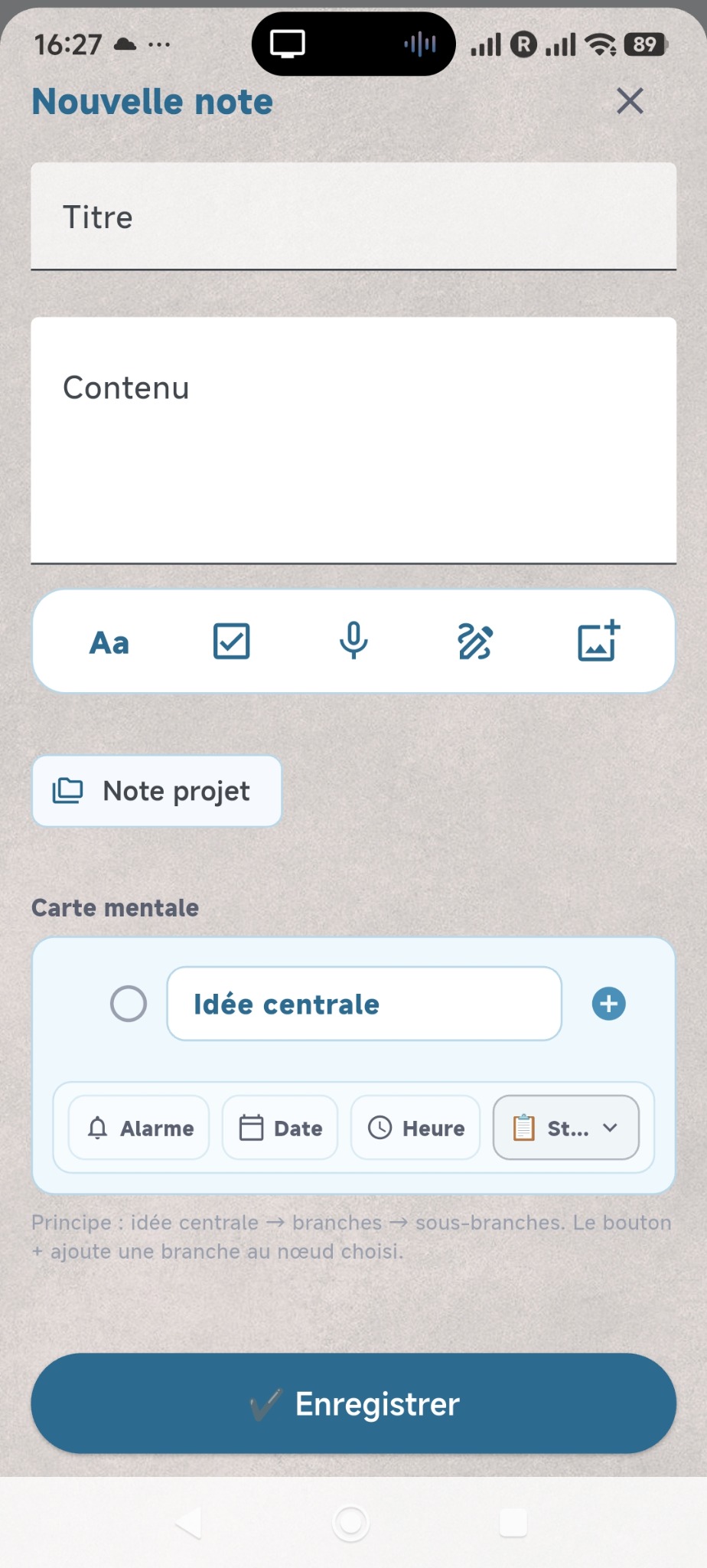 Écran Nouvelle note de WinTime